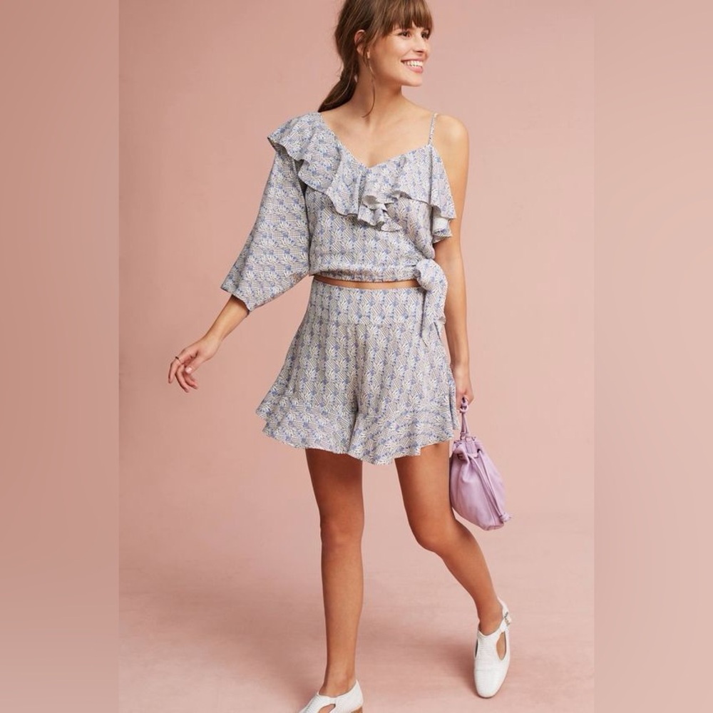 Anthropologie Maeve Pineapple Print Ruffled Wrap Top and Shorts Set